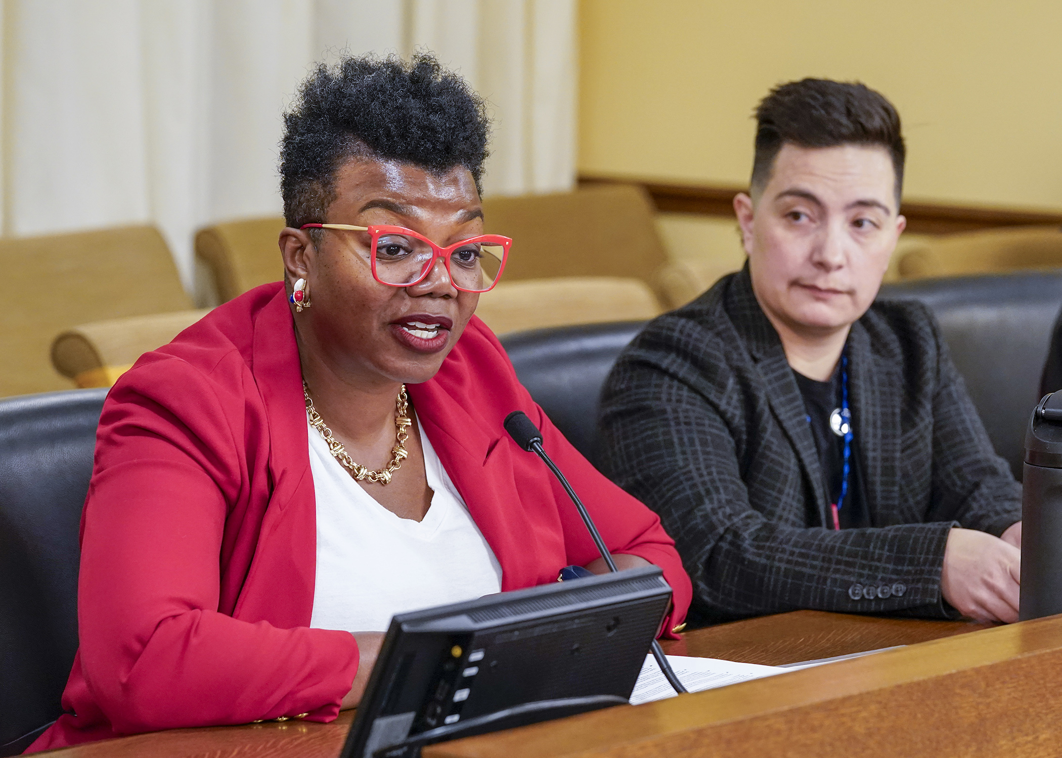 Stephannie L. Lewis, associate vice president of advocacy and community impact at the Greater Twin Cities United Way, testifies for a bill sponsored by Rep. Liish Koslowski, right. (Photo by Andrew VonBank)
